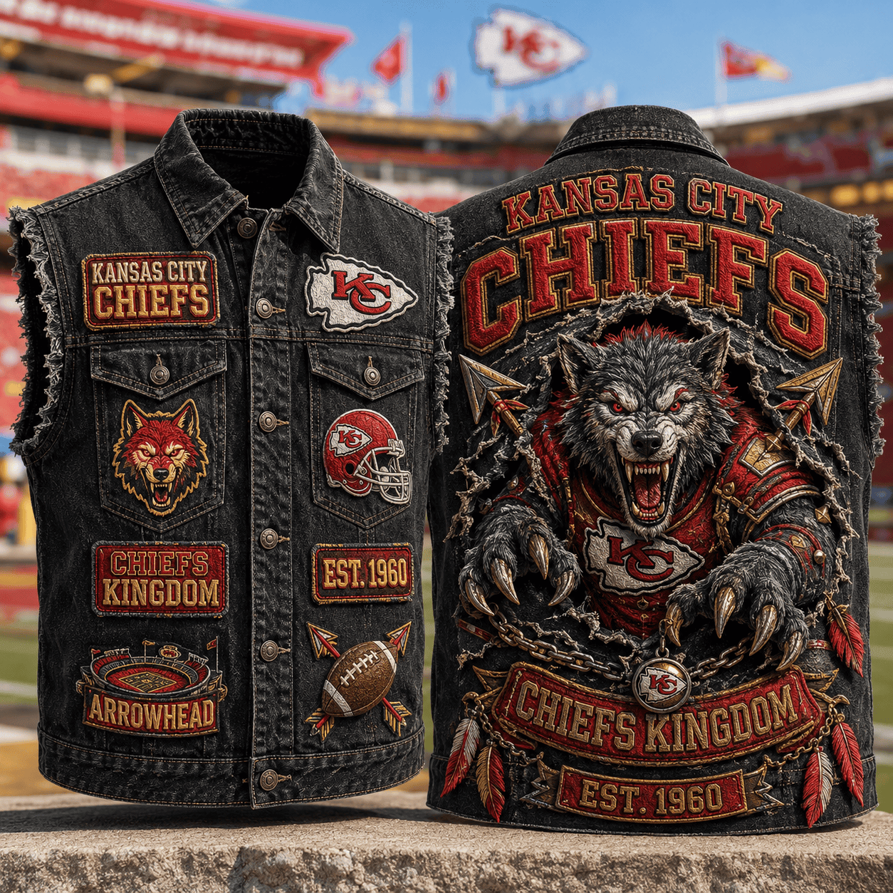Kansas City Chiefs Merch Chiefs Kingdom Est 1960 Denim Vest Gifts For Football Fan - Merchluma