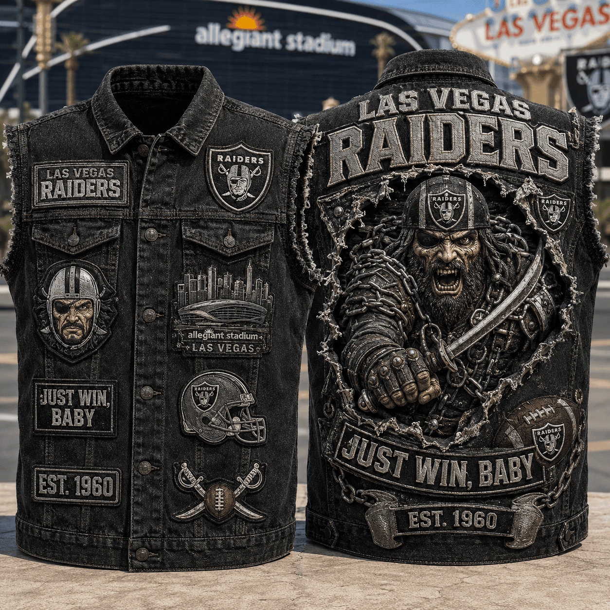 Las Vegas Raiders Just Win Baby Est 1960 Denim Vest LV Raiders Merch Gifts For Brother - Merchluma