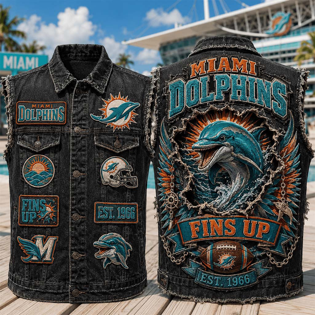 Miami Dolphins Funs Up Est 1966 Denim Vest Miami Dolphins Merch Presents For Football Fans - Merchluma