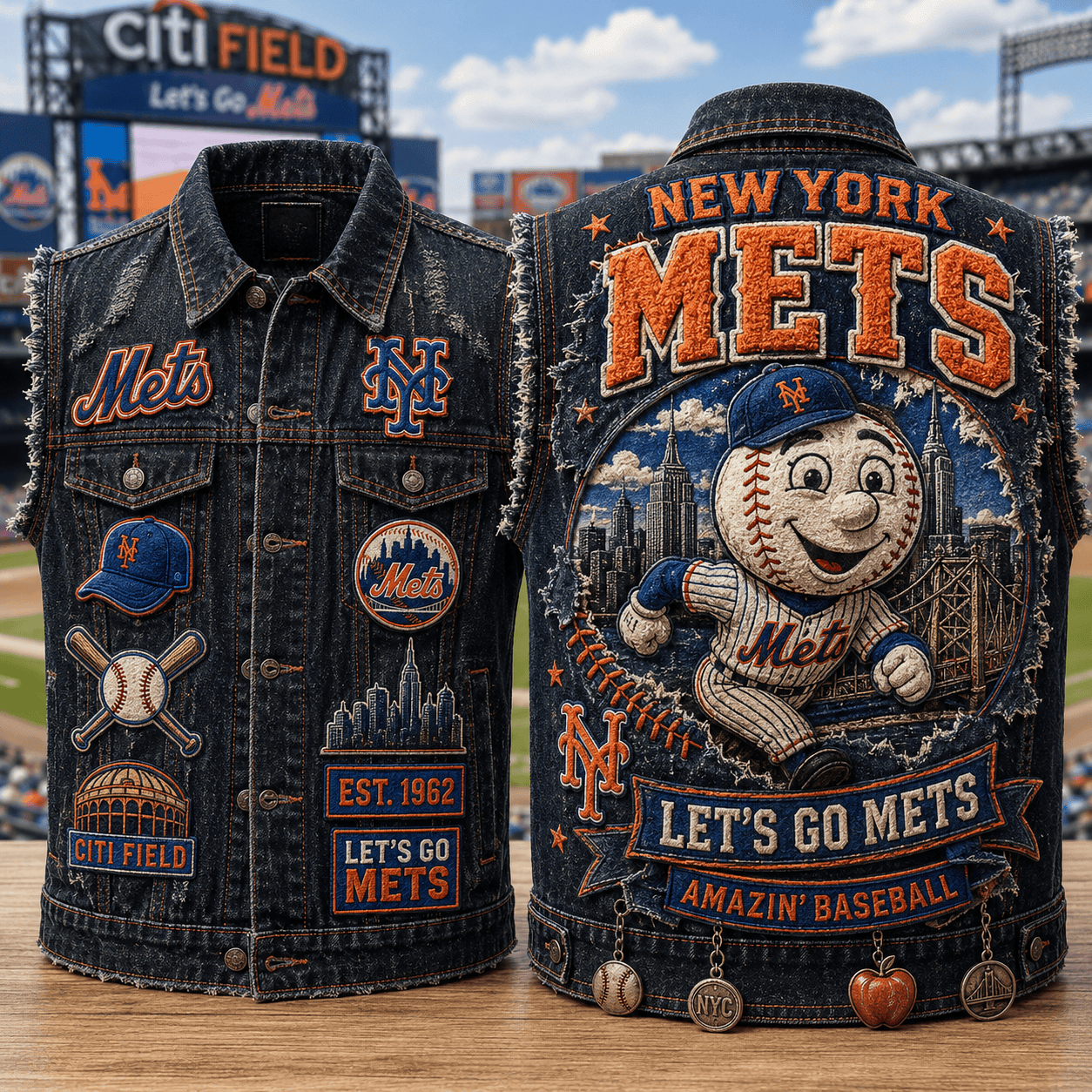 New York Mets Merch Let's Go Mets Amazin Baseball Denim Vest Present For Baseball Lovers - Merchluma