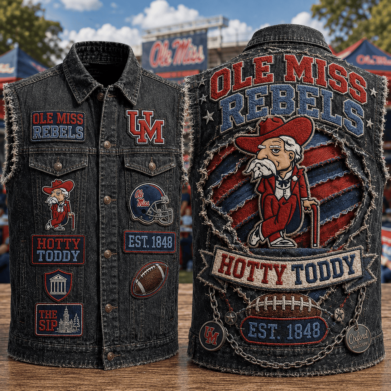 Ole Miss Rebels Merch Hotty Toddy Denim Vest Gift Ideas For Football Lovers - Merchluma
