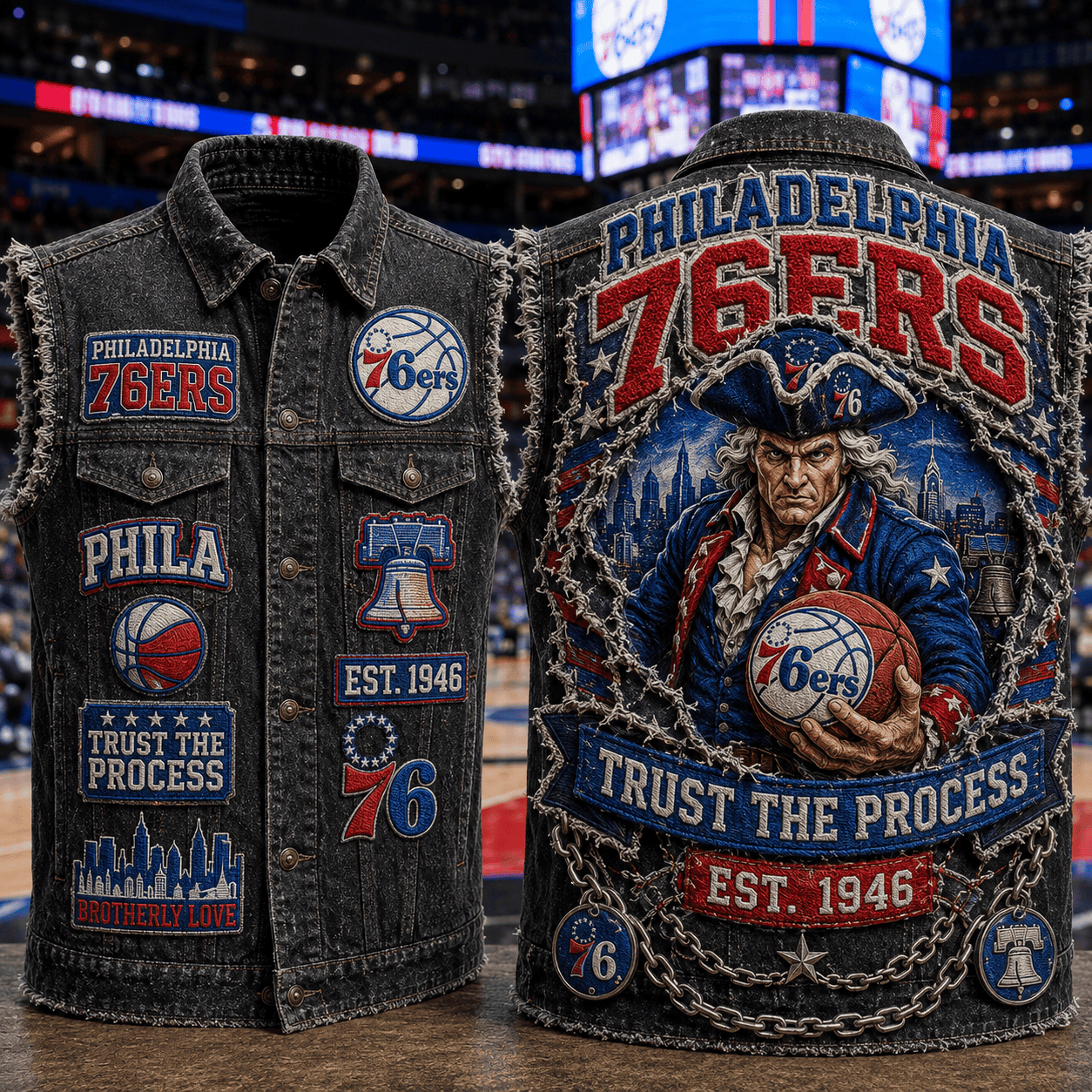 Philadelphia 76ers Trust The Process Denim Vest 76ers Merch Cool Gift For Basketball Fans - Merchluma