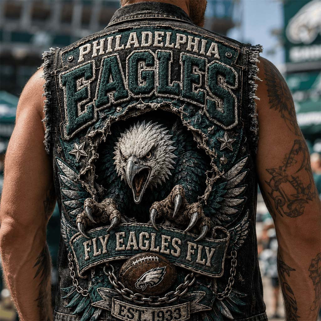 Philadelphia Eagles Merch Fly Eagles Fly Est 1933 Denim Vest Football Fan Gift Ideas - Merchluma