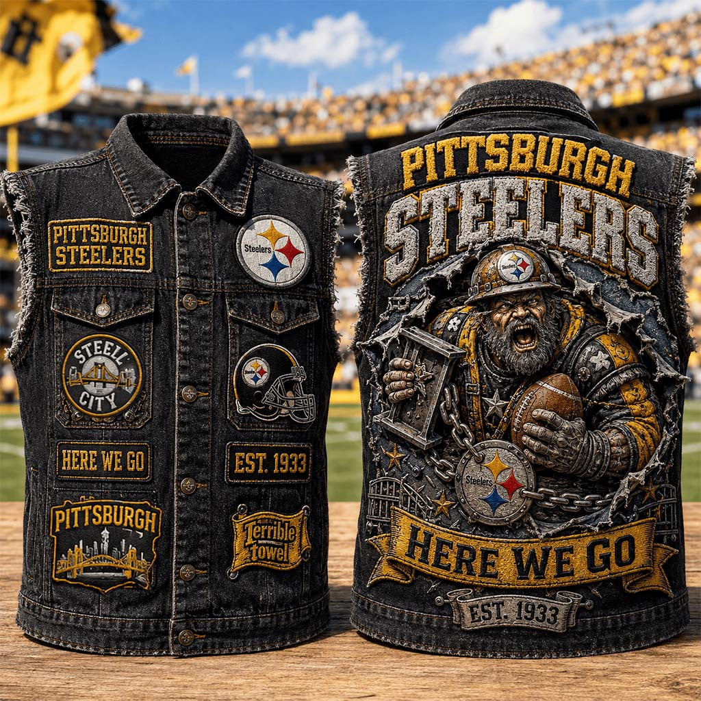 Pittsburgh Steelers Here We Go Est 1933 Denim Vest Steelers Merch Presents For Football Lovers - Merchluma
