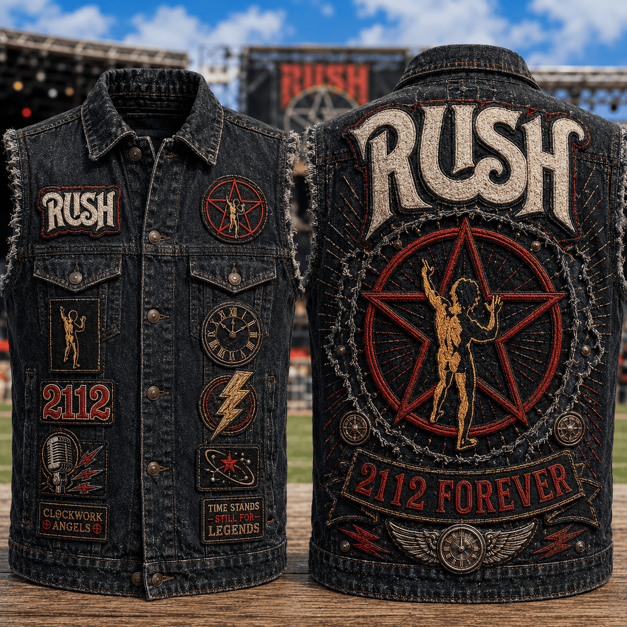 RUSH 2112 Forever Denim Vest Time Stands Still For Legends RUSH Band Merch Gift For Music Fans - Merchluma