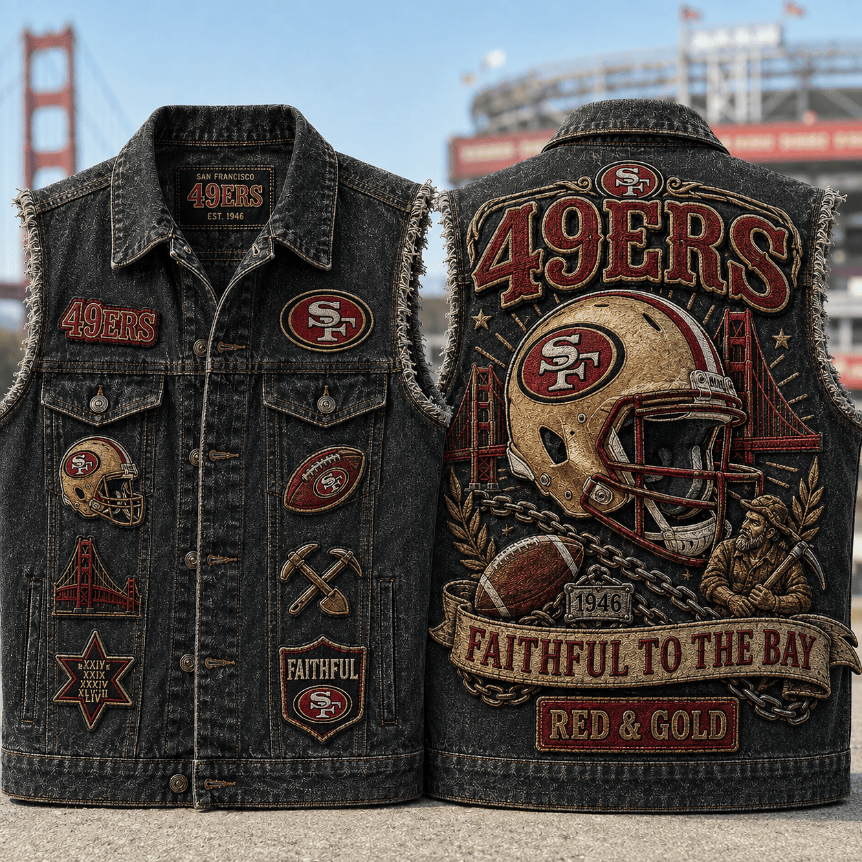 San Francisco 49ers Faithful To The Bay Denim Vest SF 49ers Merch Present For Football Fans - Merchluma