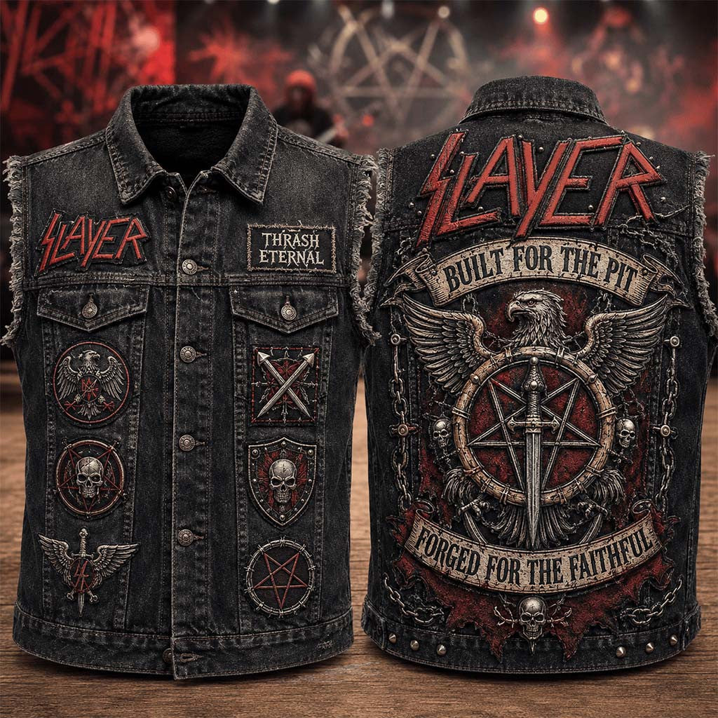 Slayer Built For The Pit Forged For The Faithful Denim Vest Slayer Merch Gifts For Dad - Merchluma