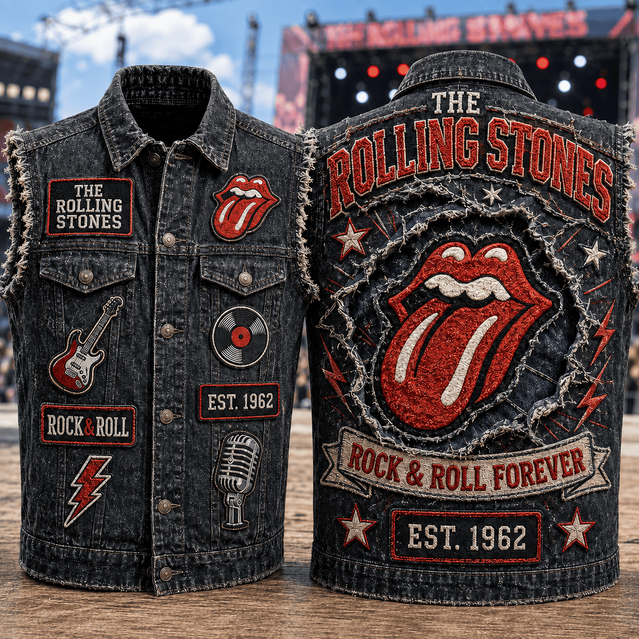 The Rolling Stones Rock And Roll Forever Denim Vest Tongue The Rolling Stones Merch Fan Gifts - Merchluma