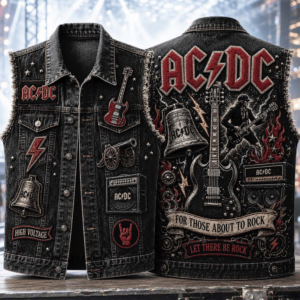 AC DC For Those About To Rock Denim Vest Let There Be Rock AC DC Merch Gift For Band Fans - Merchluma