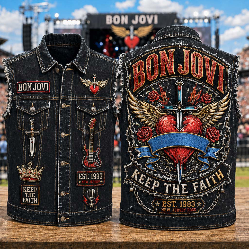 Bon Jovi Keep The Faith Denim Vest New Jersey Rock Bon Jovi Merch Gift Ideas For Music Lovers - Merchluma