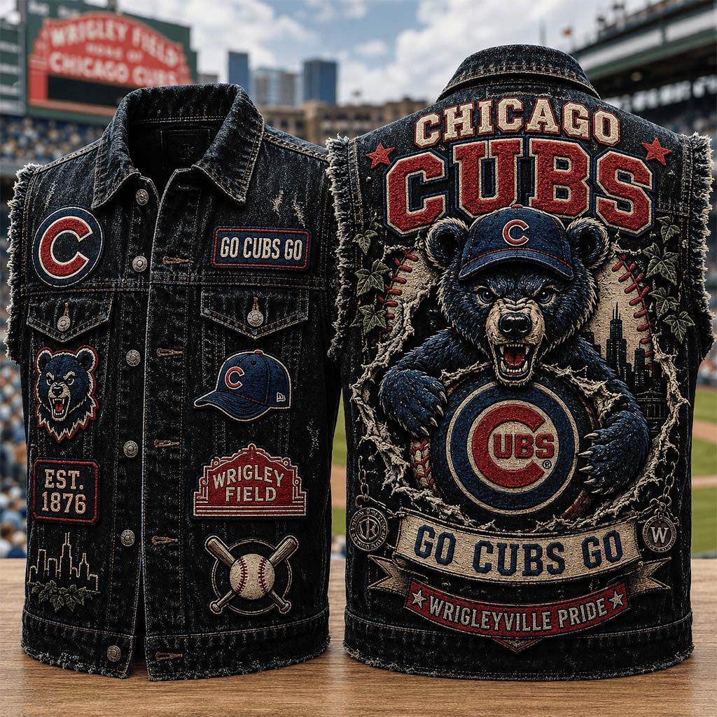 Chicago Cubs Merch Go Cubs Go Wrigleyville Pride Denim Vest Gift For Baseball Fans - Merchluma