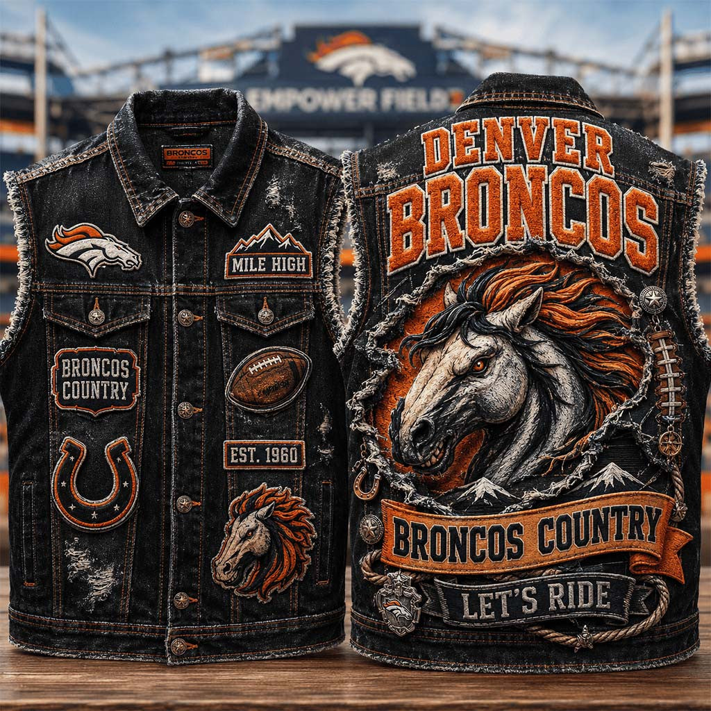 Denver Broncos Merch Broncos Country Let's Ride Est 1960 Denim Vest Presents For Football Lovers - Merchluma