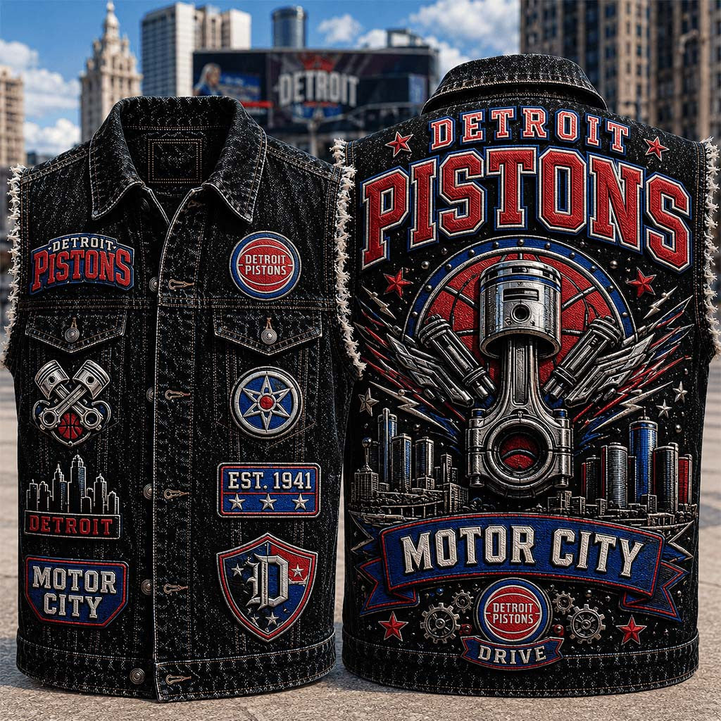 Detroit Pistons Motor City Denim Vest Detroit Pistons Merch Gifts For Basketball Fans - Merchluma