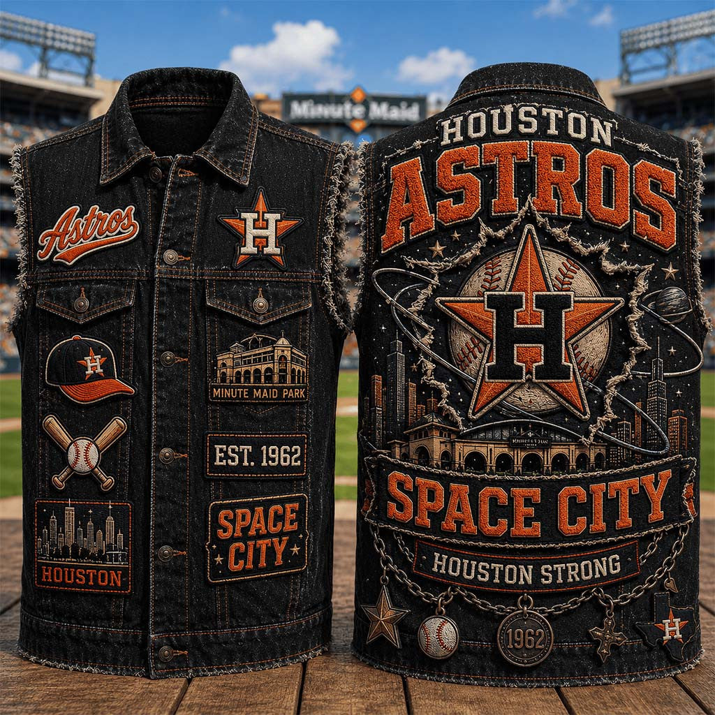 Houston Astros Merch Space City Houston Strong Denim Vest Present For Baseball Lovers - Merchluma