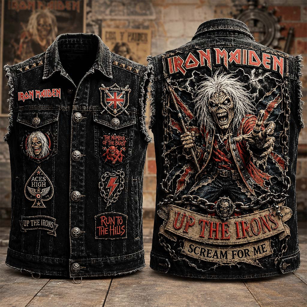 Iron Maiden Up The Irons Scream For Me Denim Vest Iron Maiden Merch Gifts For Dudes - Merchluma