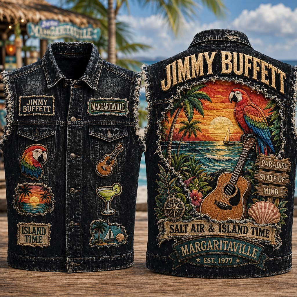 Jimmy Buffett Margaritaville Salt Air And Island Time Denim Vest Jimmy Buffett Merch Fan Gifts - Merchluma