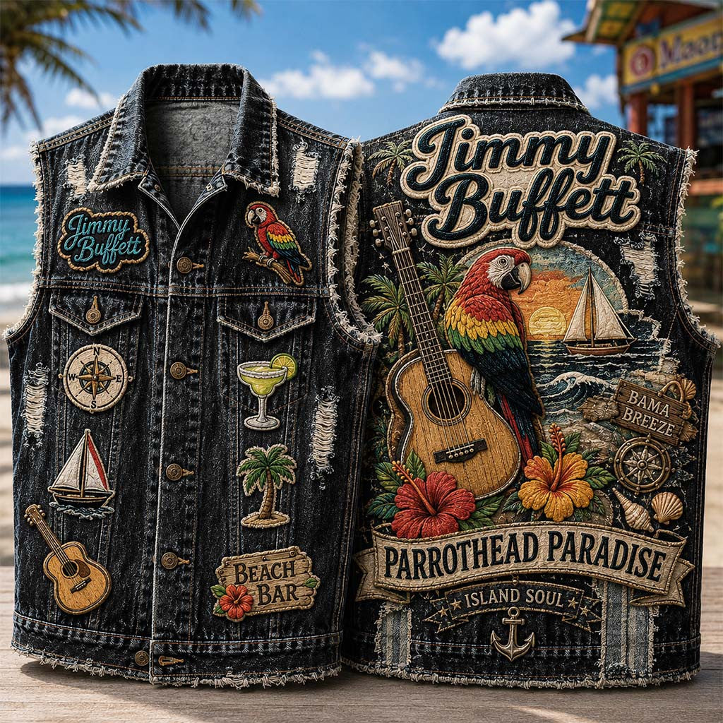 Jimmy Buffett Parrothead Paradise Denim Vest Island Soul Jimmy Buffett Merch Fan Gifts - Merchluma