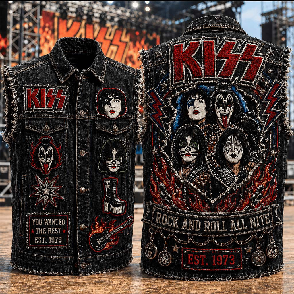 KISS Rock And Roll All Nite Denim Vest You Wanted The Best KISS Band Merch Gift For Music Fans - Merchluma