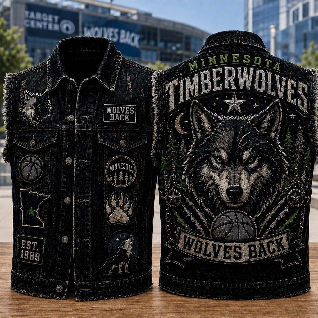 Minnesota Timberwolves Merch Wolves Back Denim Vest Basketball Enthusiast Gift For Game Day - Merchluma