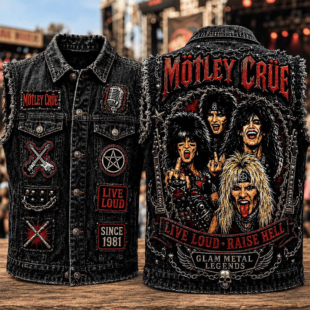 Motley Crue Live Loud Raise Hell Denim Vest Glam Metal Legends Motley Crue Merch Fan Gifts - Merchluma