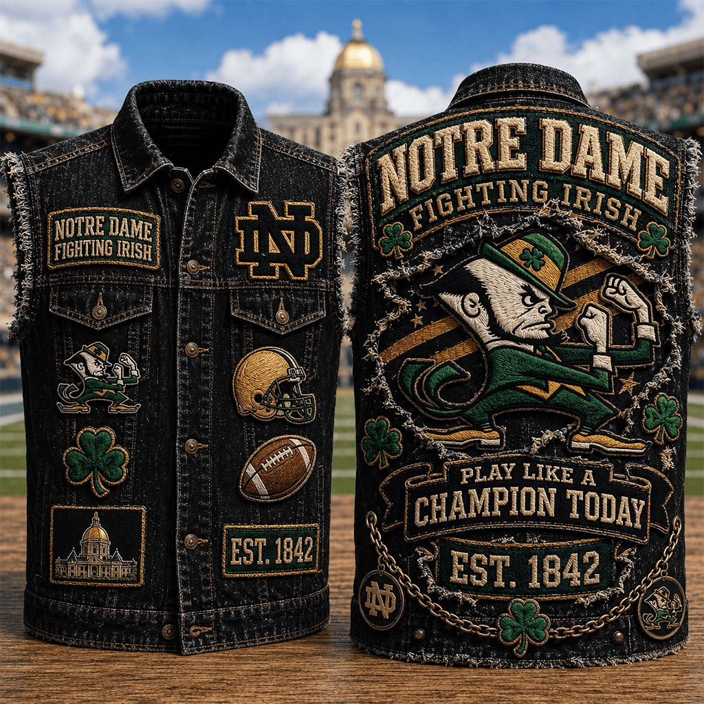 Notre Dame Fighting Irish Merch Play Like A Champion Today Denim Vest Gift For Football Fans - Merchluma