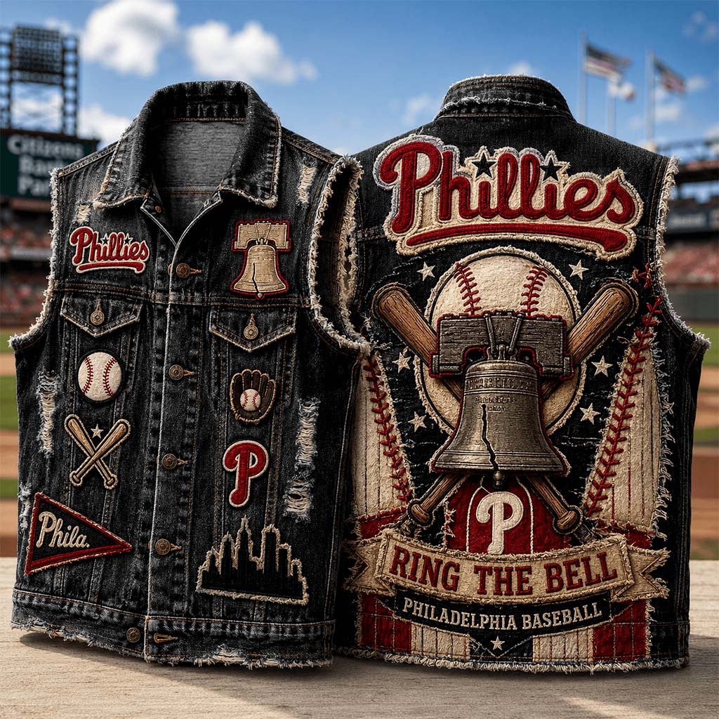 Philadelphia Baseball Ring The Bell Denim Vest Phillies Merch Present For Game Day - Merchluma