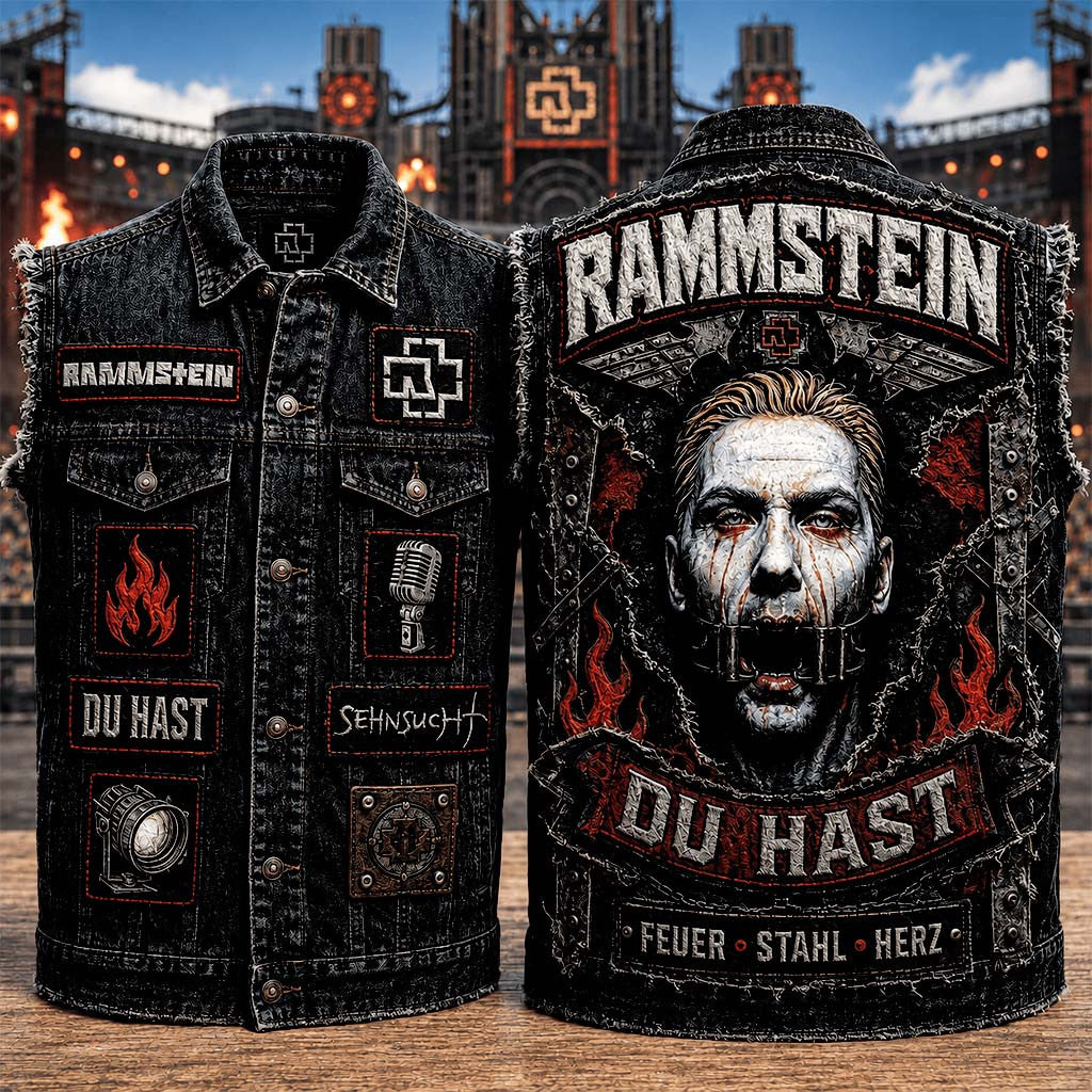 Rammstein Du Hast Feuer Stahl Herz Denim Vest Rammstein Merch Gift Ideas For Band Fans - Merchluma