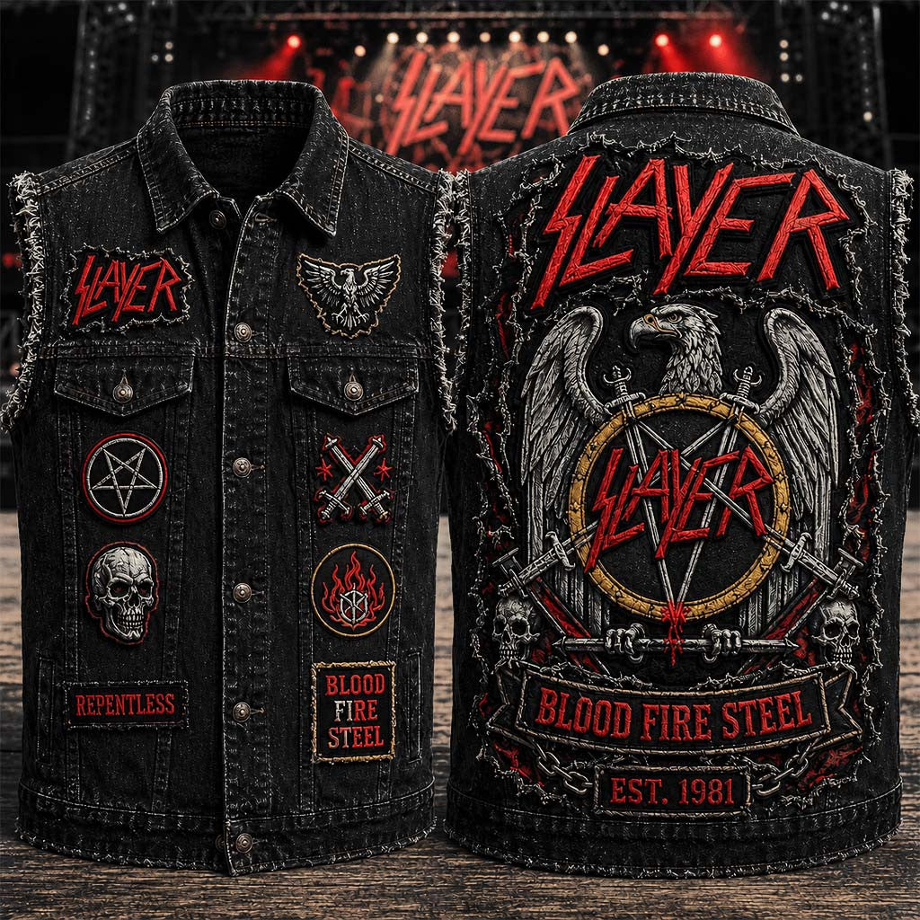 Slayer Blood The Steel Denim Vest Repentless Slayer Band Merch Present For Music Fans - Merchluma