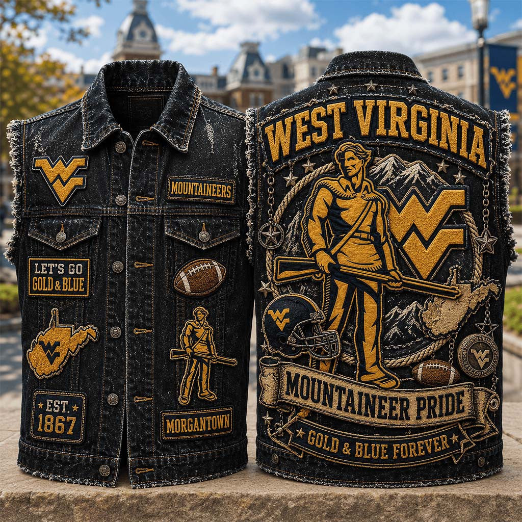 West Virginia Mountaineers Merch Mountaineer Pride Gold And Blue Forever Denim Vest Fan Gifts - Merchluma