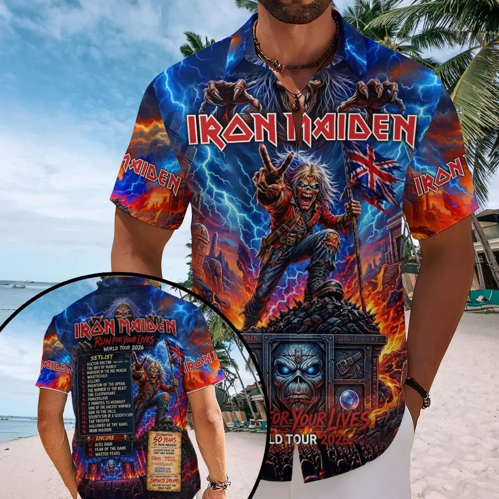 Iron Maiden World Tour 2026 Merch Run For Your Lives Tour Hawaiian Shirt Gift For Father - Merchluma