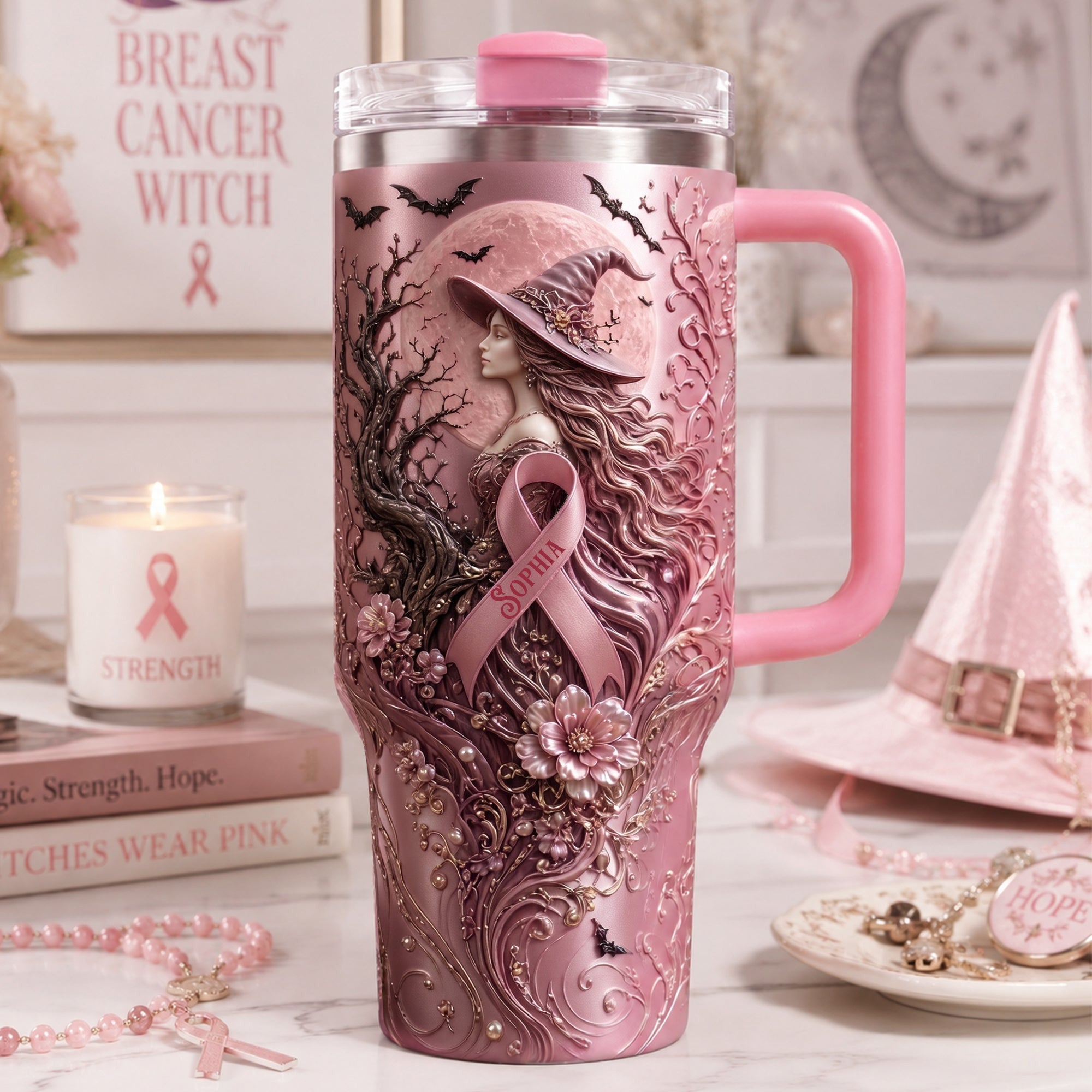 Personalized Pink Witches Ribbon Breast Cancer Awareness Colorful Tumbler Halloween Gifts Ideas - Merchluma