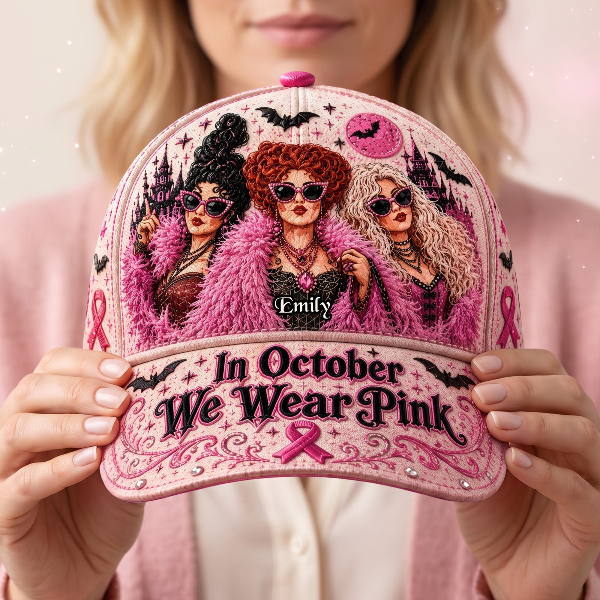 Personalized Hocus Pocus In October We Wear Pink Hat Breast Cancer Awareness Cap Mom Gifts - Merchluma