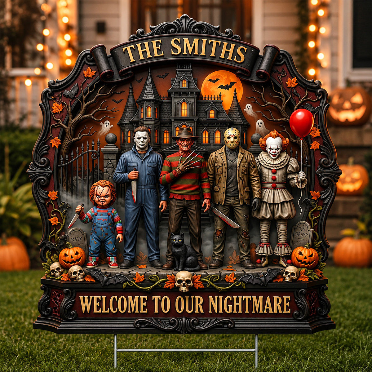 Custom Horror Movie Characters Spooky Season Halloween Yard Sign Welcome To Our Nightmare Sign - Merchluma