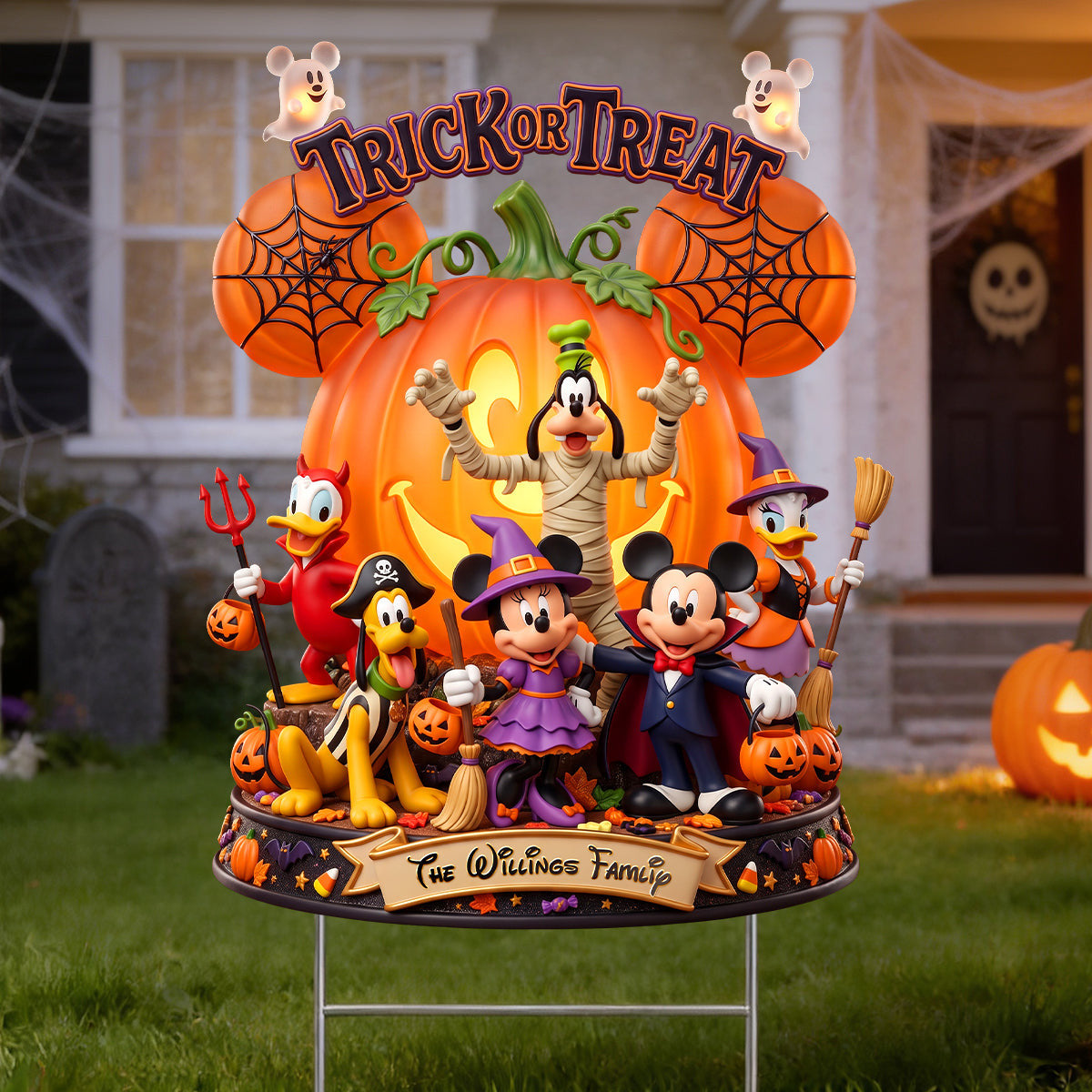 Personalized Mickey And Friends Trick Or Treat Spooky Yard Sign Halloween Lawn Decor - Merchluma