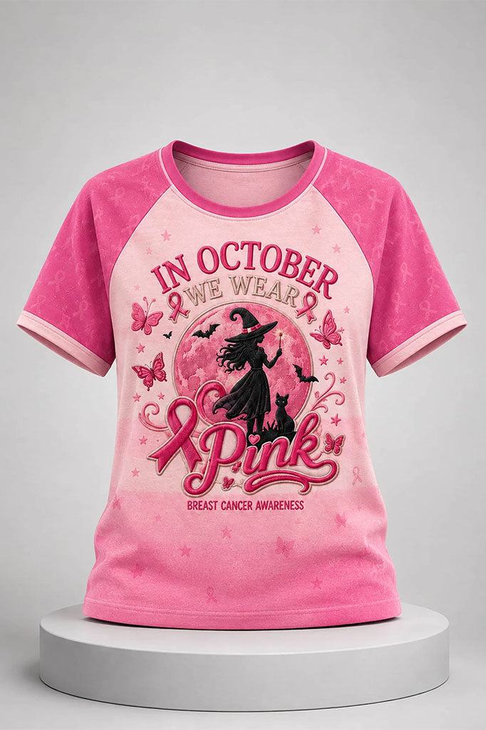 Witchy In October We Wear Pink Breast Cancer Awareness Shirt Women Halloween T-Shirt Gifts - Merchluma