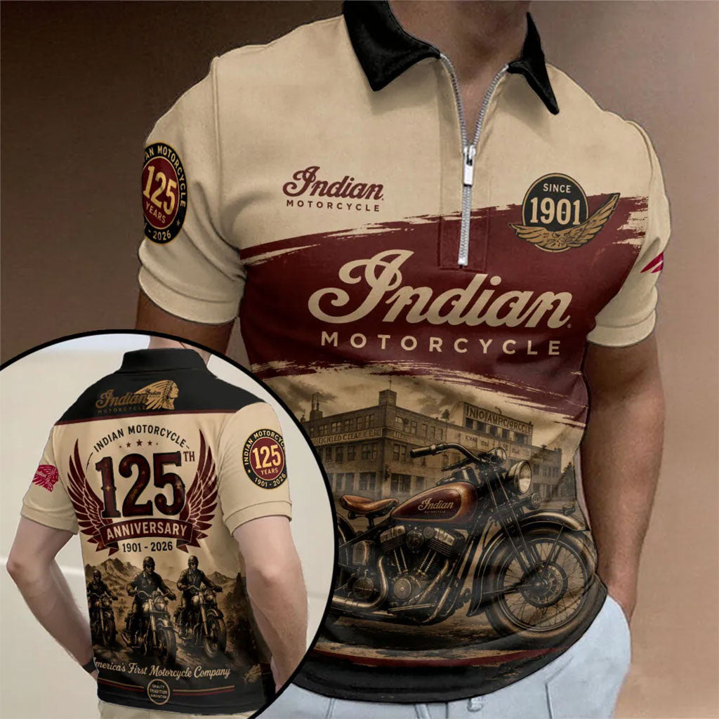 Indian Motorcycle Merch Freedom And Craftsmanship 125th Anniversary Zip Polo Shirt Biker Gifts - Merchluma