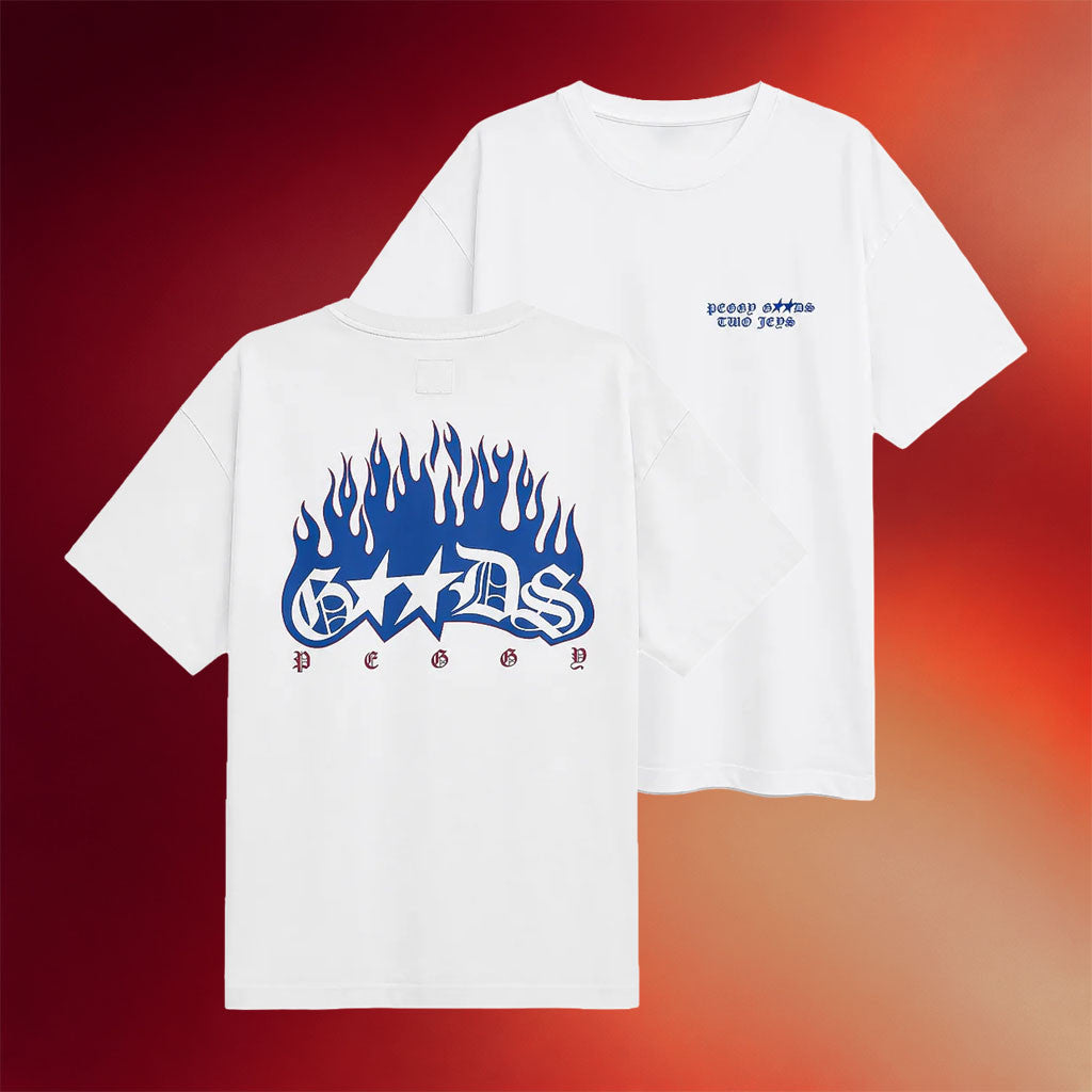 TwoJeys Merch 2026 Peggy Goods X TwoJeys Flames T-Shirt White Gift Ideas For Friends - Joyoce - Merchluma