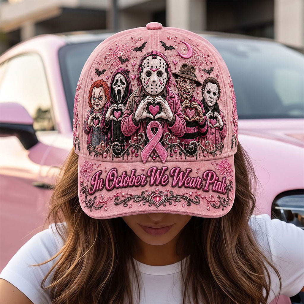 Horror Characters In October We Wear Pink Hat Breast Cancer Awareness Hat Gifts For Horror Lovers - Merchluma
