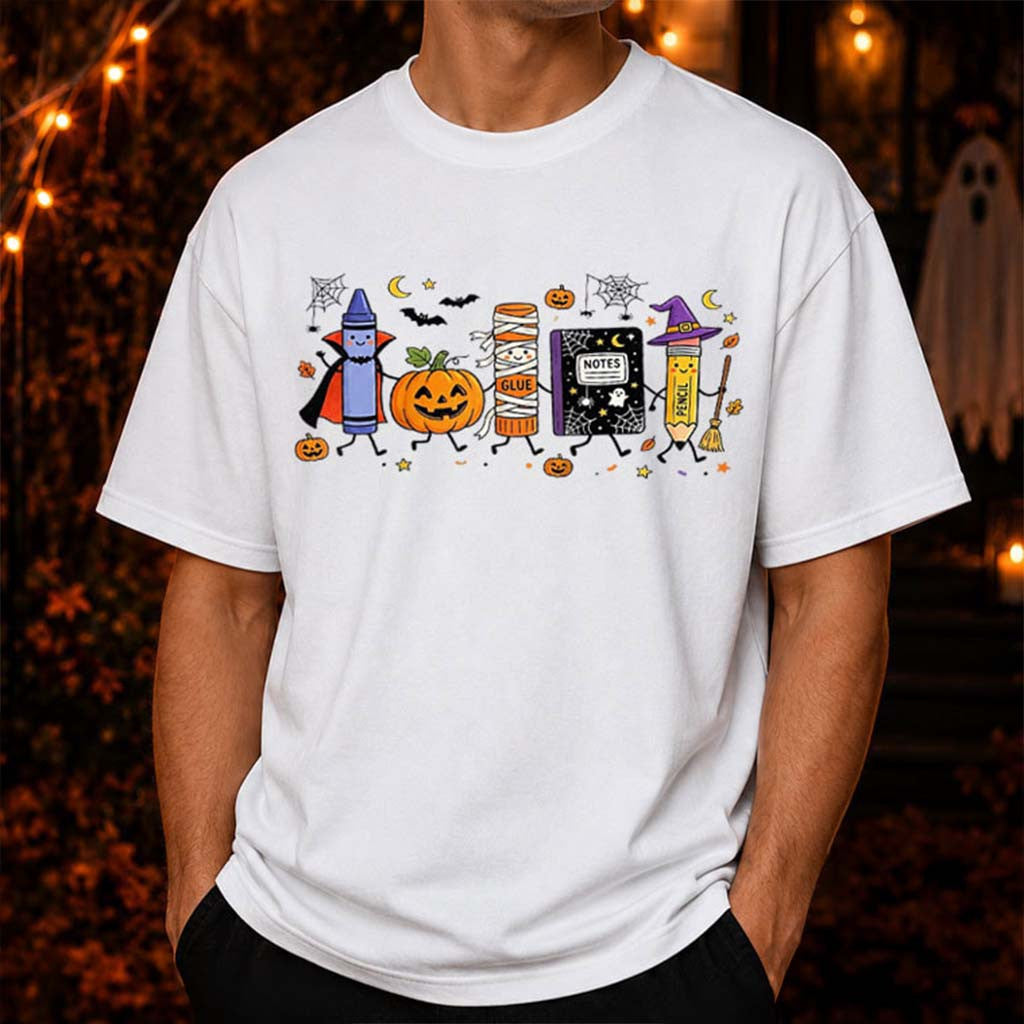 Preppy Halloween Back To School T-Shirt Cute Pencil Notebook Pumpkin Shirt Teacher Gifts - Merchluma