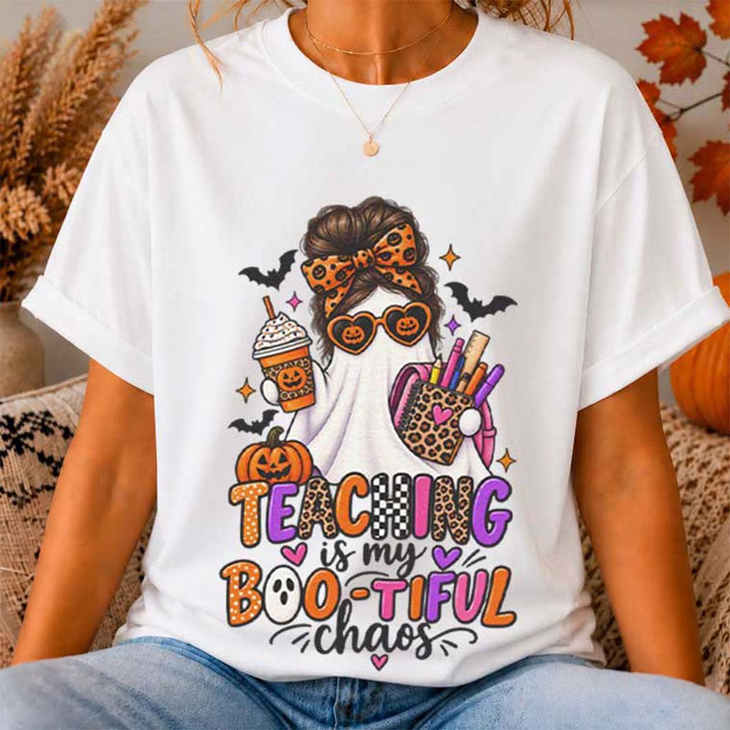Teaching Is My Bootiful Chaos Halloween Teacher Ghost Pumpkin Bats T-Shirt Gift For Teachers - Merchluma