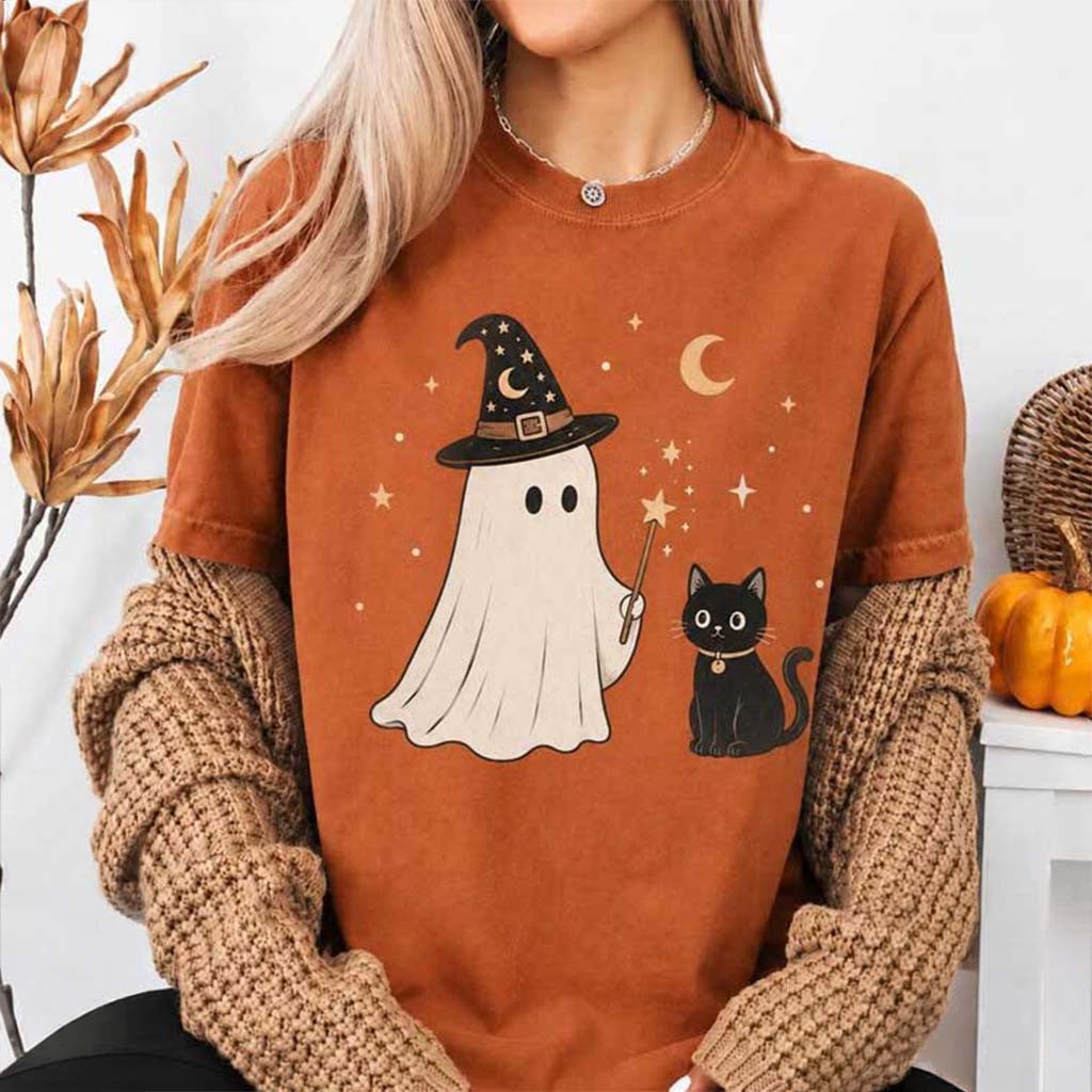 Ghost Black Cat T-Shirt Cute Witch Outfits Halloween Gifts For Sisters - Merchluma