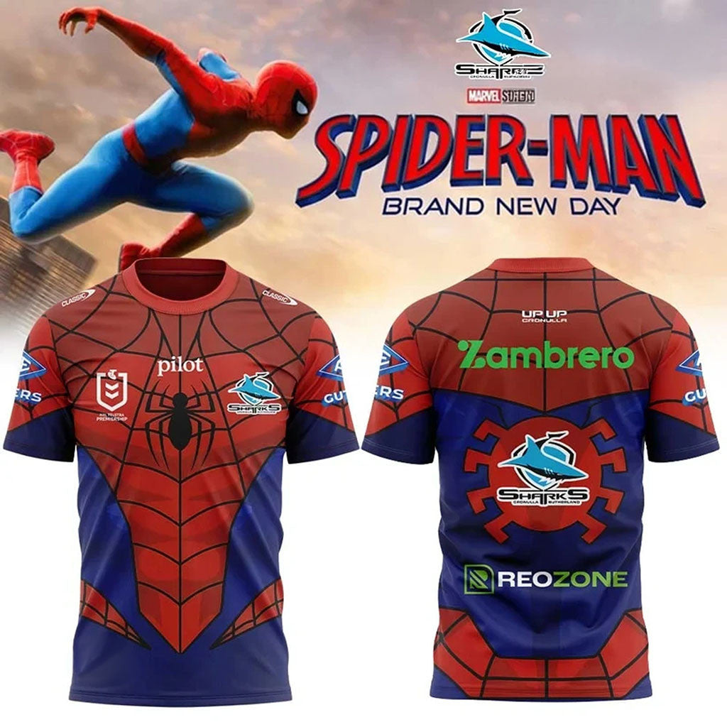 Cronulla Sharks X Spider-Man Brand New Day 2026 T-Shirt Cronulla Sharks Merch Gift For Fans - Merchluma