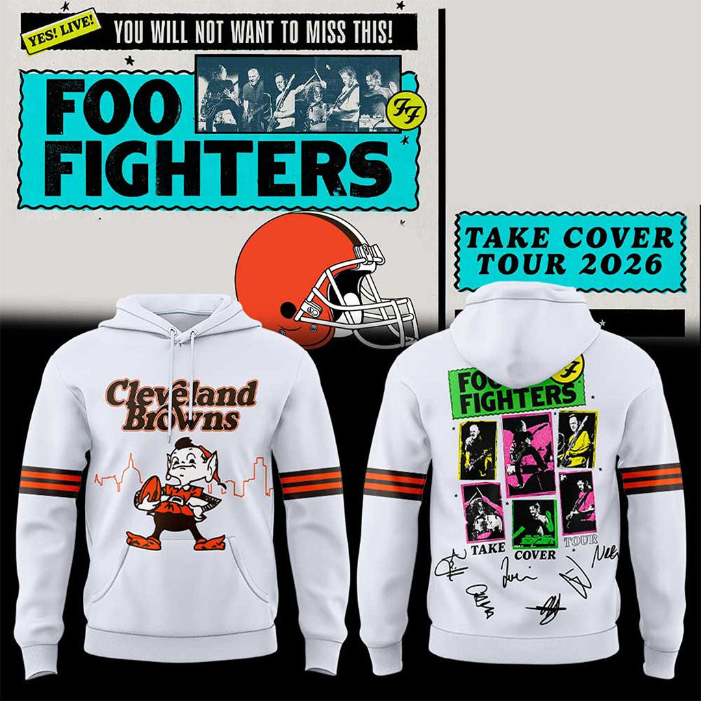 Foo Fighters X Cleveland Merch Browns Take Cover Tour 2026 White Hoodie Music Fan Apparel - Merchluma