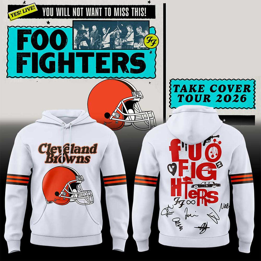 Foo Fighters X Cleveland Merch Browns Take Cover Tour 2026 White Hoodie Present For Music Lover - Merchluma