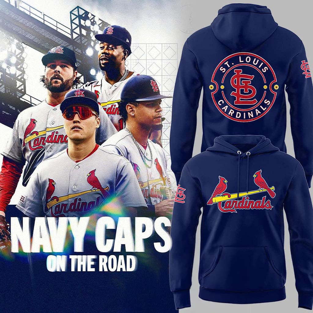 St Louis Cardinals Merch 2026 Navy Caps On The Road Game Hoodie Gift For Baseball Fans - Merchluma
