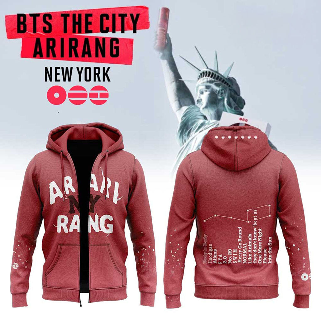 BTS World Tour Arirang New York Zip Hoodie 2026 BTS Merch Gift Ideas for Kpop Lovers - Merchluma