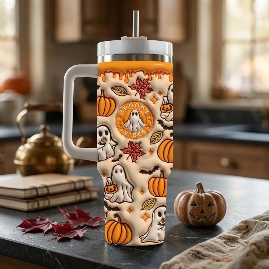 Spooky Vibes 2026 Ghost 40oz Stanley Tumbler Cute Halloween Gifts For Friends - Merchluma