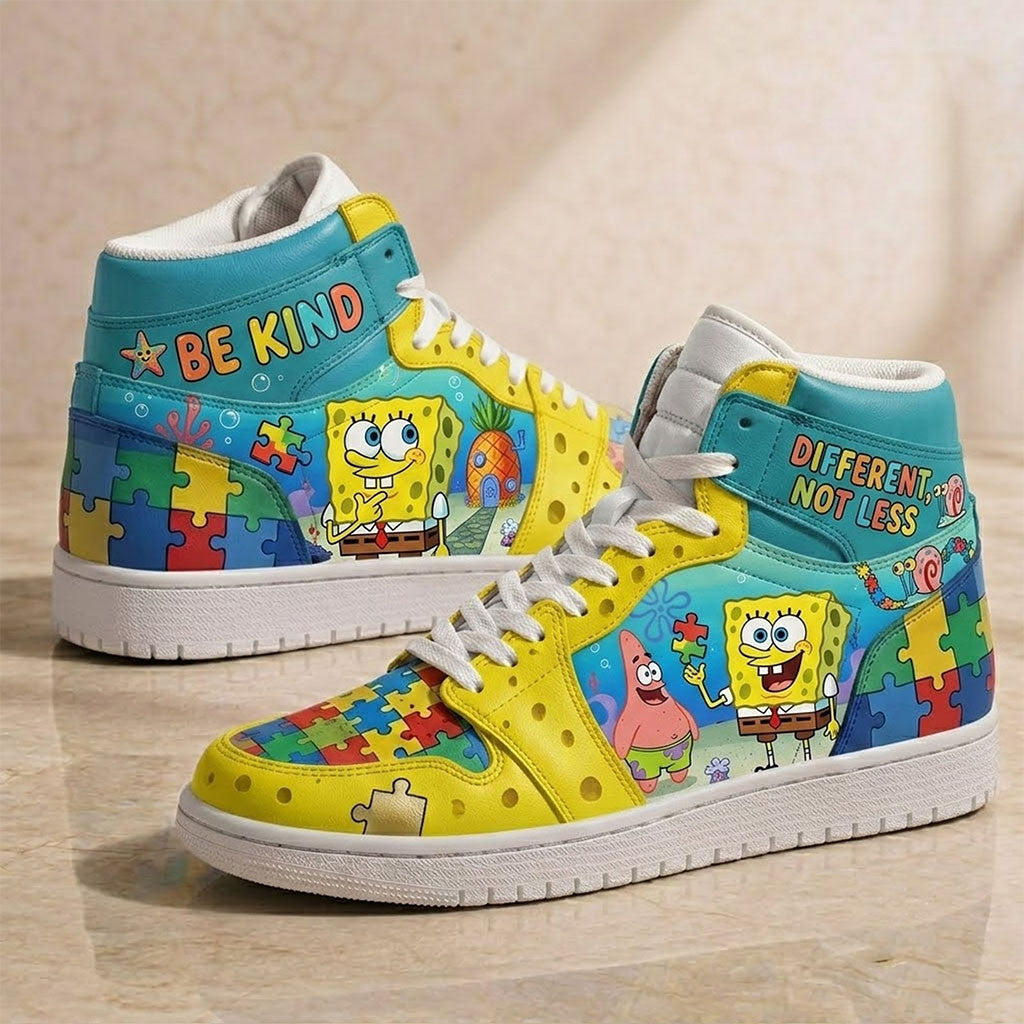SpongeBob SquarePants Autism Acceptance High Top Sneakers Be Kind Different Not Less Fan Gift - Merchluma