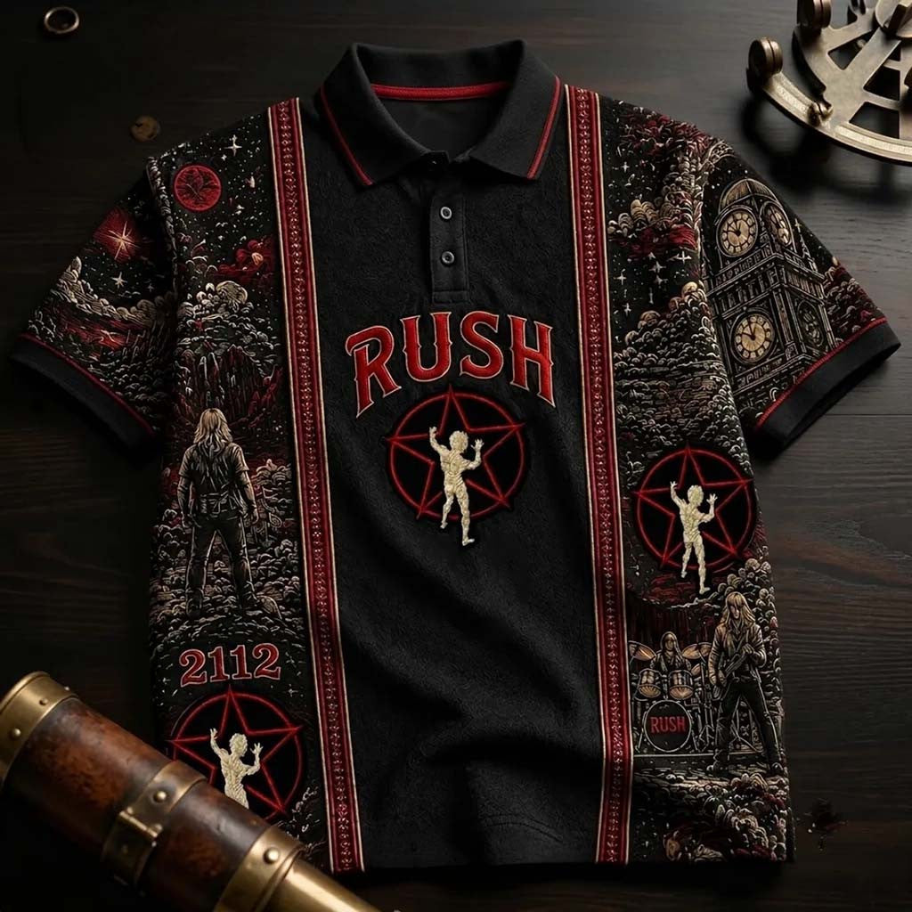 Rush 2112 Starman Black Polo Shirt RUSH Band Merch Unique Gifts For Music Lovers - Merchluma