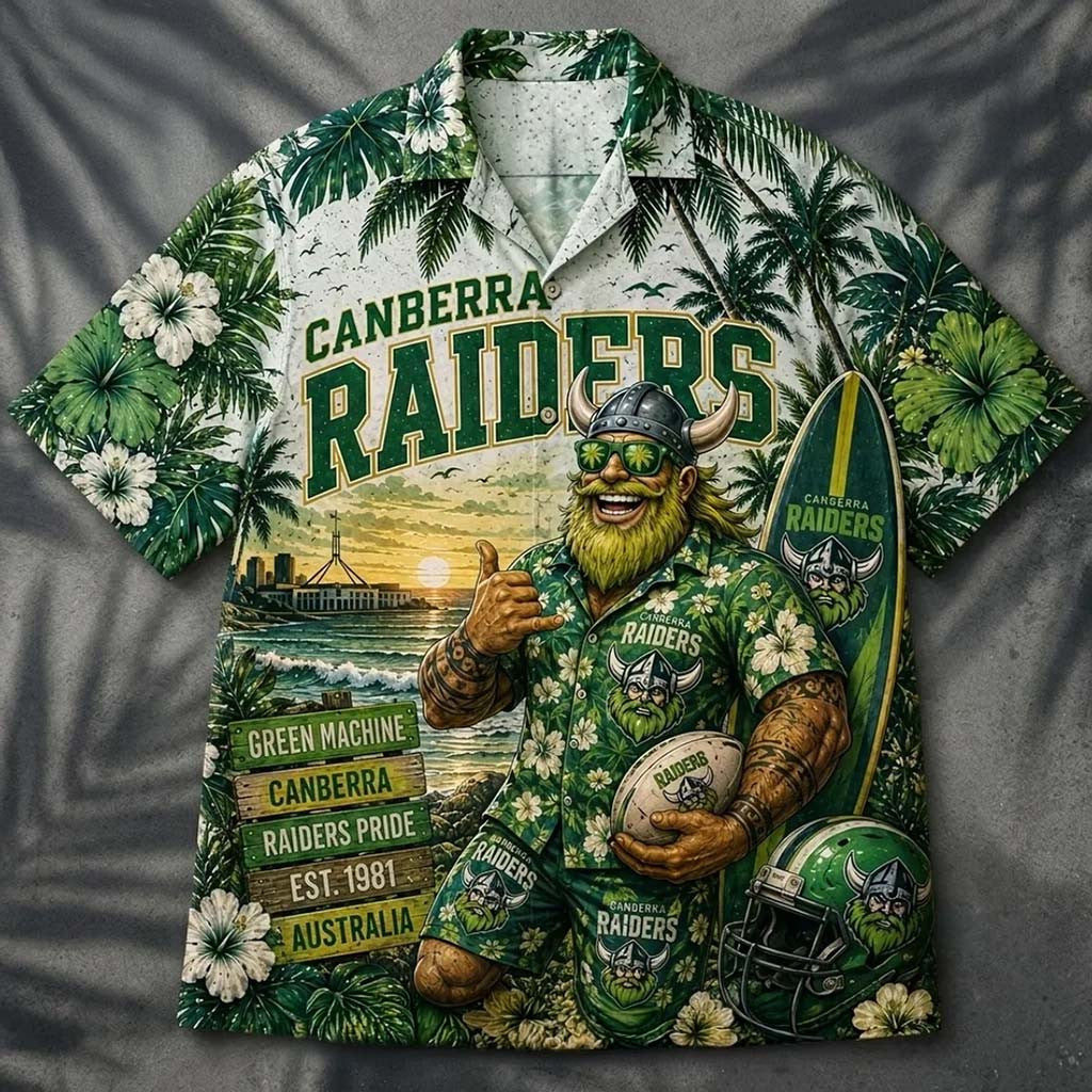 Canberra Raiders Viking Mascot Hawaiian Shirt 2026 Canberra Raiders Merch Rugby Fan Present - Merchluma